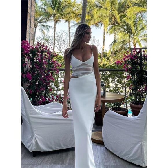 Women's V Neck Spaghetti Strap Maxi Dress Elegant White - Picture 5 of 6